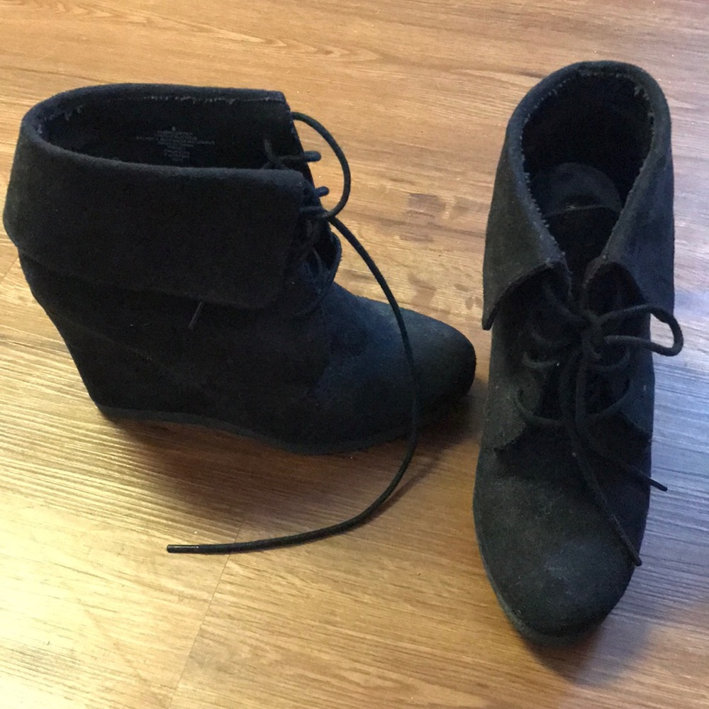 Black booties, wedges, lace up front